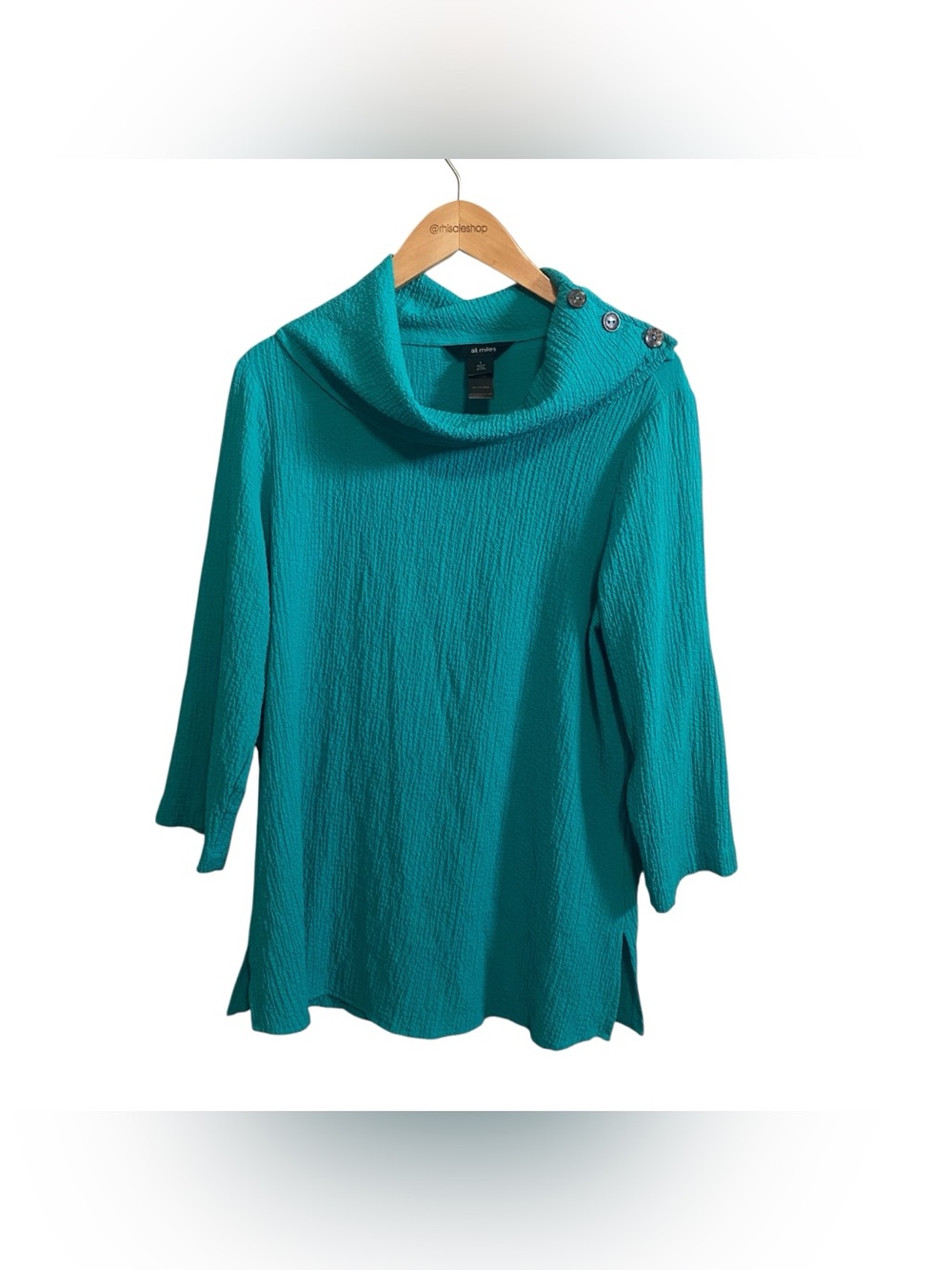 Ali Miles Teal Crepe Button Neckline Artistic Coastal Lagenlook Tunic Size Large